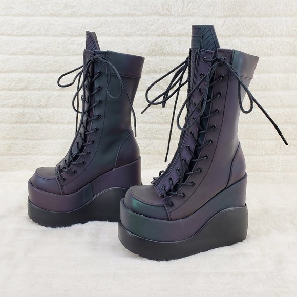 Void Purple Green Reflective Platform Wedge Mid Calf Goth Festival Boots NEW - Picture 9 of 17